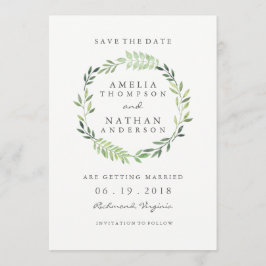 Watercolor Grönt Löv Wandeans Bröllop spara datum Datumet