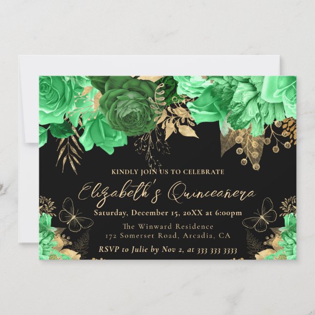 Watercolor Grönt och Guld Flowers Quinceanera Inbjudningar (Framsida)
