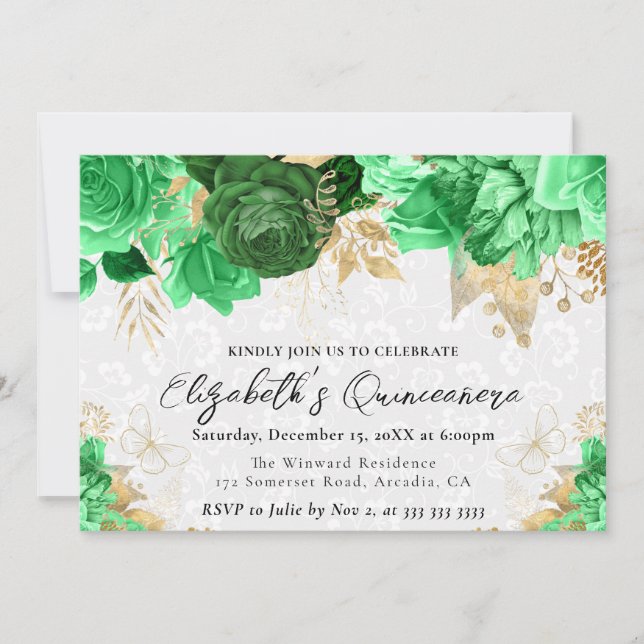 Watercolor Grönt och Guld Flowers Quinceanera Inbjudningar (Framsida)
