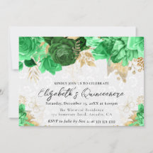 Watercolor Grönt och Guld Flowers Quinceanera