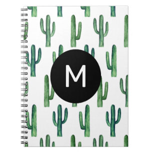 Watercolor grönt söt cactus mönster. Monogram Anteckningsbok