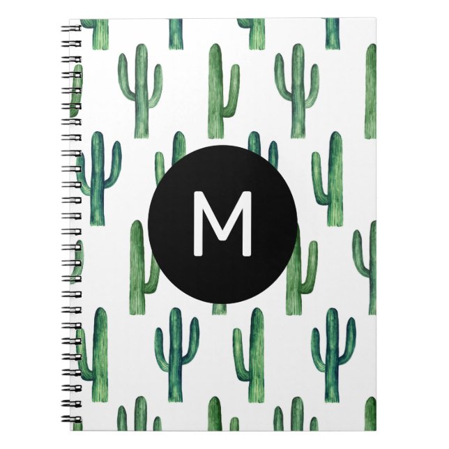 Watercolor grönt söt cactus mönster. Monogram Anteckningsbok (Framsidan)