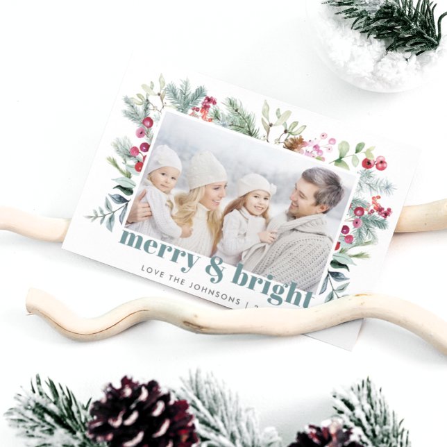 Watercolor Grönts Holly Berry Photo Julkort (Skapare uppladdad)