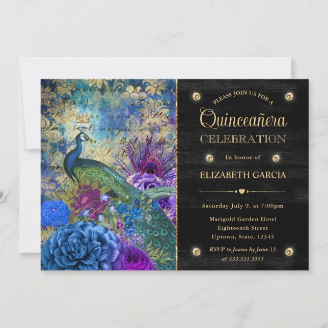 Watercolor Grunge Peacock and Flowers Quinceanera Inbjudningar (Framsida)