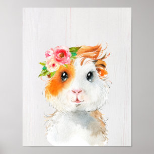 Watercolor Guinea Gris Baby djur Nursery Poster