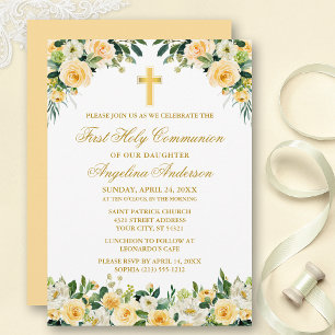 Watercolor Gul ros White Blommigt Communion Inbjudningar