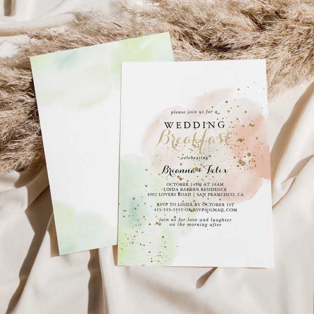 Watercolor Guld Confetti Bröllop Breakfast Inbjudningar (Skapare uppladdad)