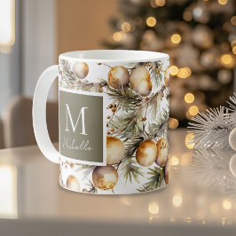 Watercolor Guld Foliage jul Monogram Kaffemugg