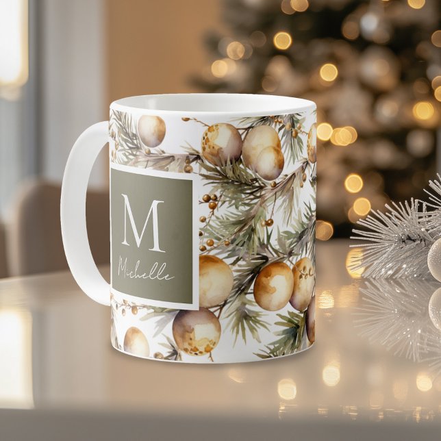 Watercolor Guld Foliage jul Monogram Kaffemugg (Skapare uppladdad)