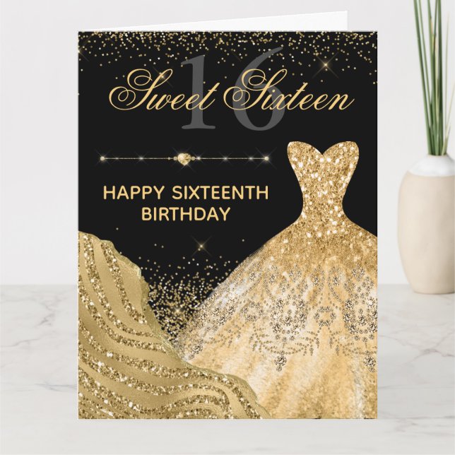 Watercolor Guld Glitter Dress Sweet 16 Birthday Kort (Framsida)