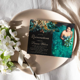 Watercolor Guld Grönt Blommigt Quinceanera Photo Inbjudningar
