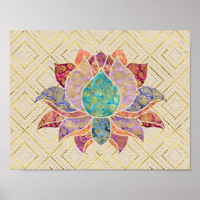 Watercolor & Guld paisley dekorated lotus Poster (Framsidan)