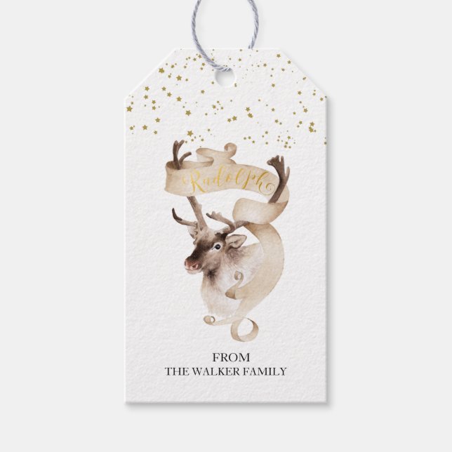 Watercolor guld Reindeer Rudolph-familjen jul Presentetikett (Framsidan)