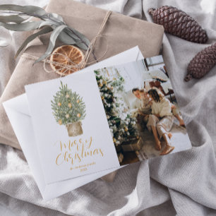 Watercolor Guld Träd Photo God jul Julkort