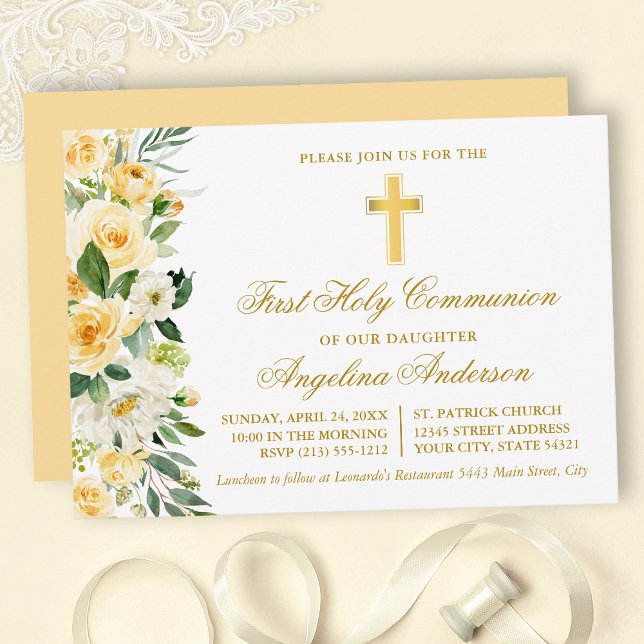 Watercolor Gult Blommigt Guld First Communion Inbjudningar (Customize to change text color, size, style or to change color of back of card.)