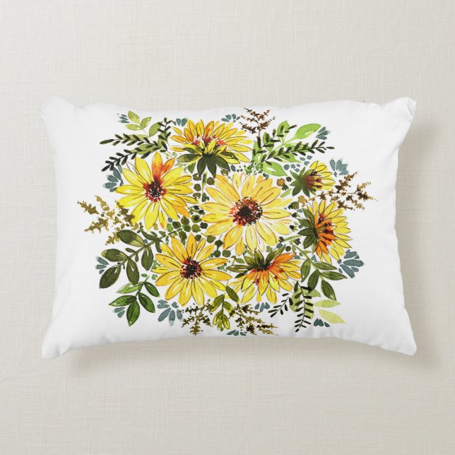 Watercolor Gult Bouquet: Daisy Kärlek Prydnadskudde (Framsidan)