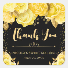 Watercolor Gult Guld Glam Flowers Sweet 16 Fyrkantigt Klistermärke