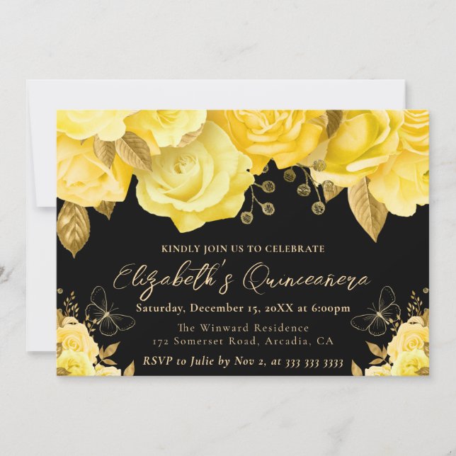 Watercolor Gult och Guld Flowers Quinceanera Inbjudningar (Framsida)