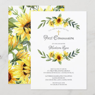 Watercolor Gult Sunblommor First Communion Inbjudningar