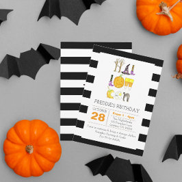 Watercolor Halloween Black and White Birthday Inbjudningar