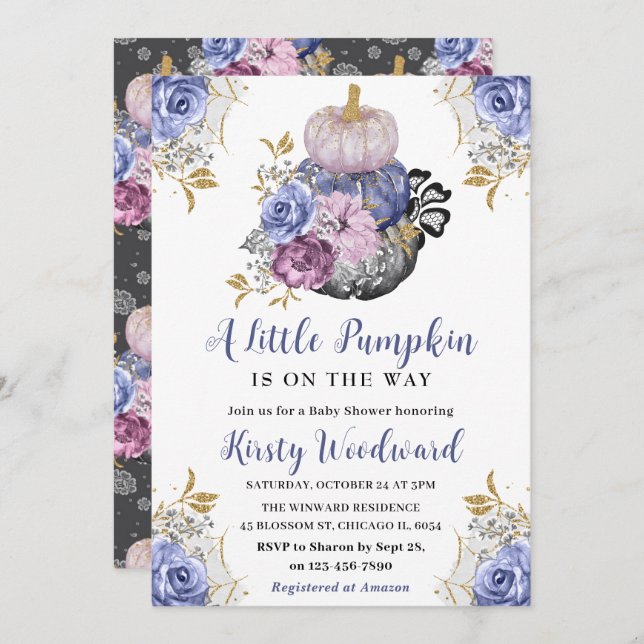 Watercolor Halloween Blommigt Pumpkins Baby Shower Inbjudningar (Fram/baksida)