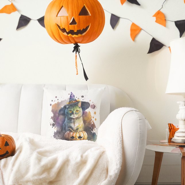 Watercolor Halloween Cat and Fox Kudde (Skapare uppladdad)