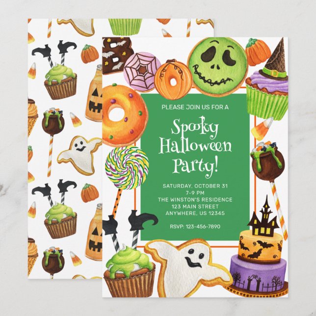 Watercolor Halloween Cookies och Sweets Party Inbjudningar (Fram/baksida)
