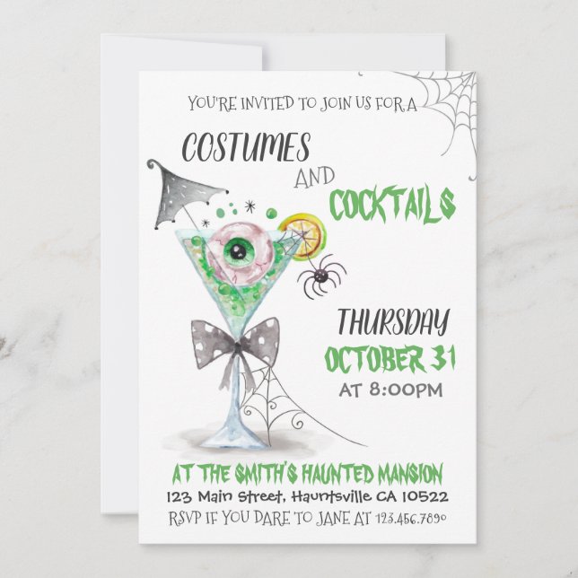Watercolor Halloween Costumes and Cocktails Inbjudningar (Framsida)