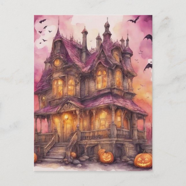 Watercolor Halloween House AI Art Vykort (Framsida)
