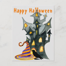 Watercolor Halloween House & Hat Postcard Vykort