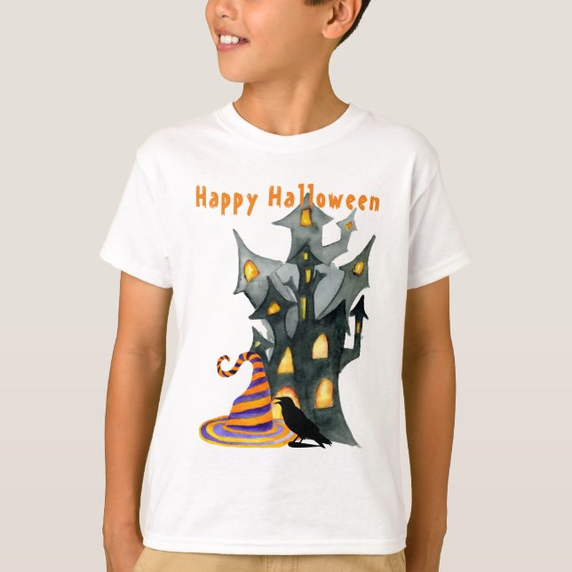 Watercolor Halloween House & Hat T Shirt (Framsida)