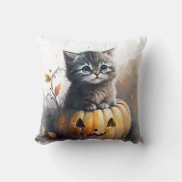 Watercolor Halloween Kitten i Jack-o-lantern Kudde