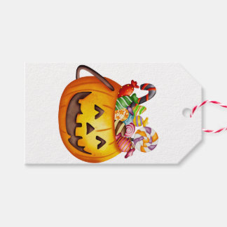 Watercolor Halloween Pumpkin med Candies Presentetikett