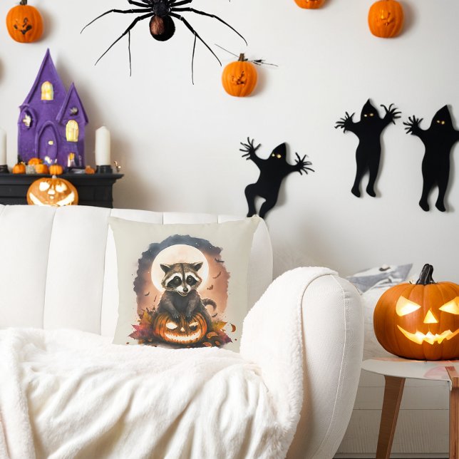 Watercolor Halloween Raccoon och Puppy Kudde (Skapare uppladdad)