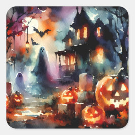 Watercolor Halloween Scene House Spöken Pumpkins Fyrkantigt Klistermärke