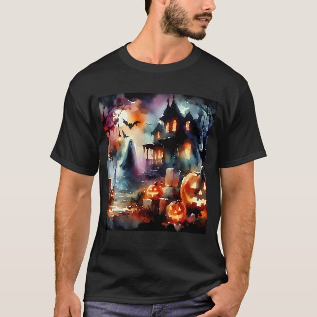 Watercolor Halloween Scene T Shirt (Framsida)