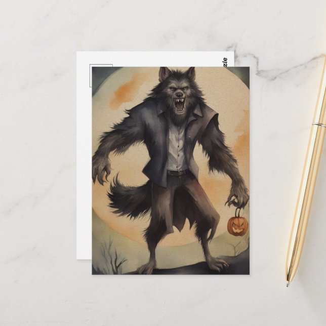 Watercolor Halloween Werevarv Vykort (Fram/Back In Situ)