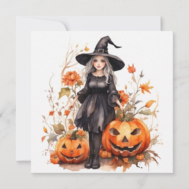 Watercolor Halloween Witch med Pumpkins Julkort (Framsida)