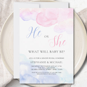 Watercolor Han eller hon Gender Reveal Party Inbjudningar