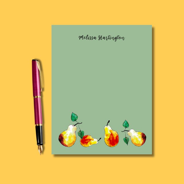 Watercolor Hand-Drawn Golden Pears Boho Brevhuvud (The bright red and golden pears pop against a sage green background on this fall letter paper.)