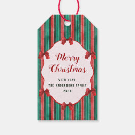 Watercolor Hand Drawn Red Bows Stripes Christmas Presentetikett