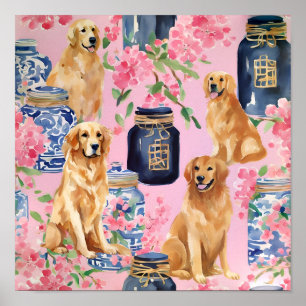 Watercolor Handflatan Beach Golden Retrievers Ging Poster
