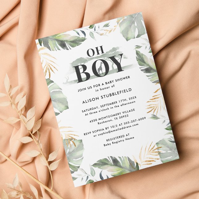 Watercolor Handflatan Giraffe Safari Boy Shower Inbjudningar (Botanical Boy Safari Baby Shower Invitation)