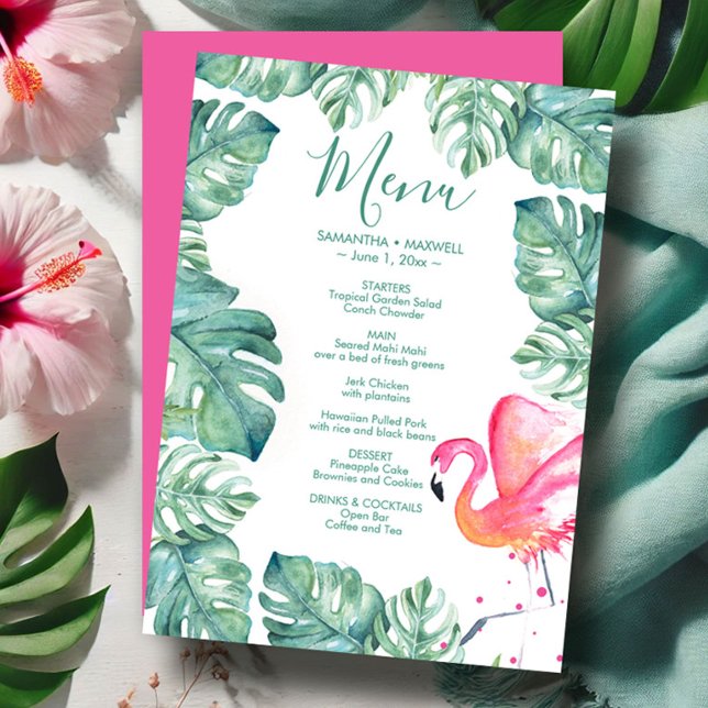 Watercolor Handflatan Löv Rosa Flamingo Tropical M Inbjudningar (tropical destination wedding pink flamingo and palm leaf menu cards watercolor Victoria Grigaliunas)