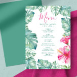 Watercolor Handflatan Löv Rosa Hibiscus Tropical M Inbjudningar<br><div class="desc">Det här rosa menykortet för hibiscus och Monstera handflatan lämnar middag ställe är perfekt för ett tropiskt tema födelsedag och studentfester. Utformningen har mina ursprungliga botaniska gröntar med vattenfärg och blommigtar. Typografin är inställd i ett handskript och sans serif-teckensnitt i rosa och grönt. Den här luau party-dekorationen kan användas för...</div>