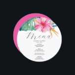 Watercolor Handflatan Löv Rosa Hibiscus Tropical Meny<br><div class="desc">Den här blommigten för rosa och Monstera handflatan löv-middagsmenykortet för ställe är perfekt för en tropisk tematisk möhippa eller födelsedagsfest. Den unika, runda designen har mina ursprungliga botaniska gröntar med vattenfärg och rosa hibiscus blomgrafik. Typografin är inställd i ett handskript och sans serif-teckensnitt i rosa och grönt. Se den tropiska...</div>