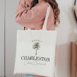 Watercolor Handflatan Träd Bachelorette Party Tygkasse<br><div class="desc">Välkomna vänner till ditt eller flickornas bachelorette-parti eller flickor helg med chic personlig tote bags. Utformningen har en vattenfärgsbild i handflatan träd med ditt mål under (visas med Charleston) i klassisk serif-skrift. Lägg till evenemanget namn under i ett mörk grönt handskrivet kursivt skript, där året böjs över toppen (visas med...</div>