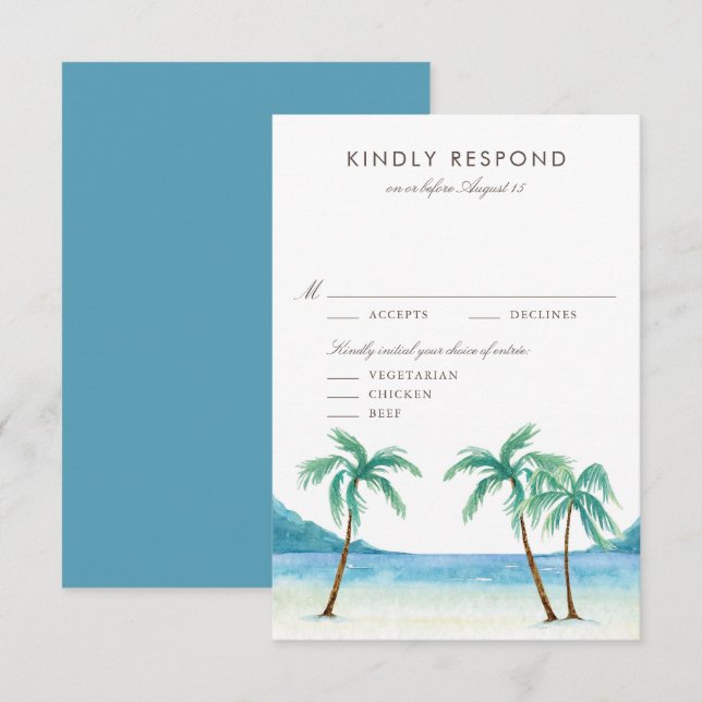 Watercolor Handflatan Träd Tropical Beach Wedding OSA Kort (Fram/baksida)