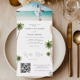 Watercolor Handflatan Träd Tropical Sand Beach Wed