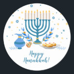 Watercolor Hanukkah Helgdag Runt Klistermärke<br><div class="desc">En Hanukkah-scen med menorah,  sufganiyot (dvärgnötter),  dreideller och grenar återges i en vattenfärgseffekt på detta Chanukah-klistermärke. Använda som tack för klistermärken,  för Chanukah-gåvor eller för helgdag. Tillgängligt med matchande produkter.</div>